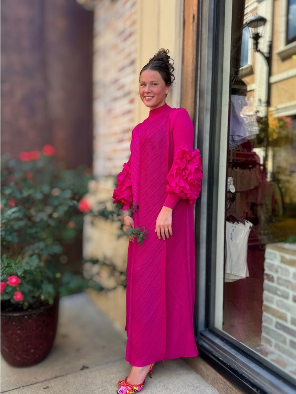 Zadie B NWT Statement Pleated Maxi Dress One Size Vibrant Pink Fuchsia